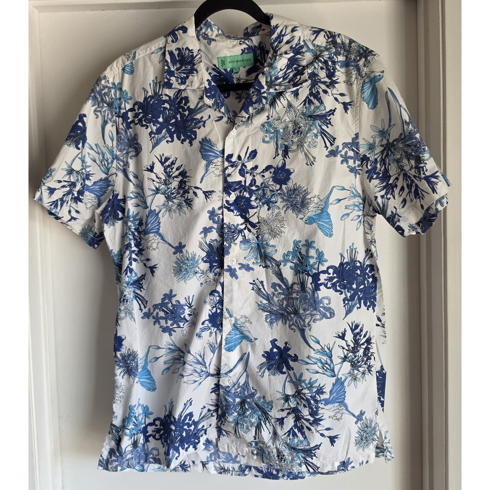 Mio Marino Shirt L Floral Birds White Blue Cotton Casual Resort Short Sleeve